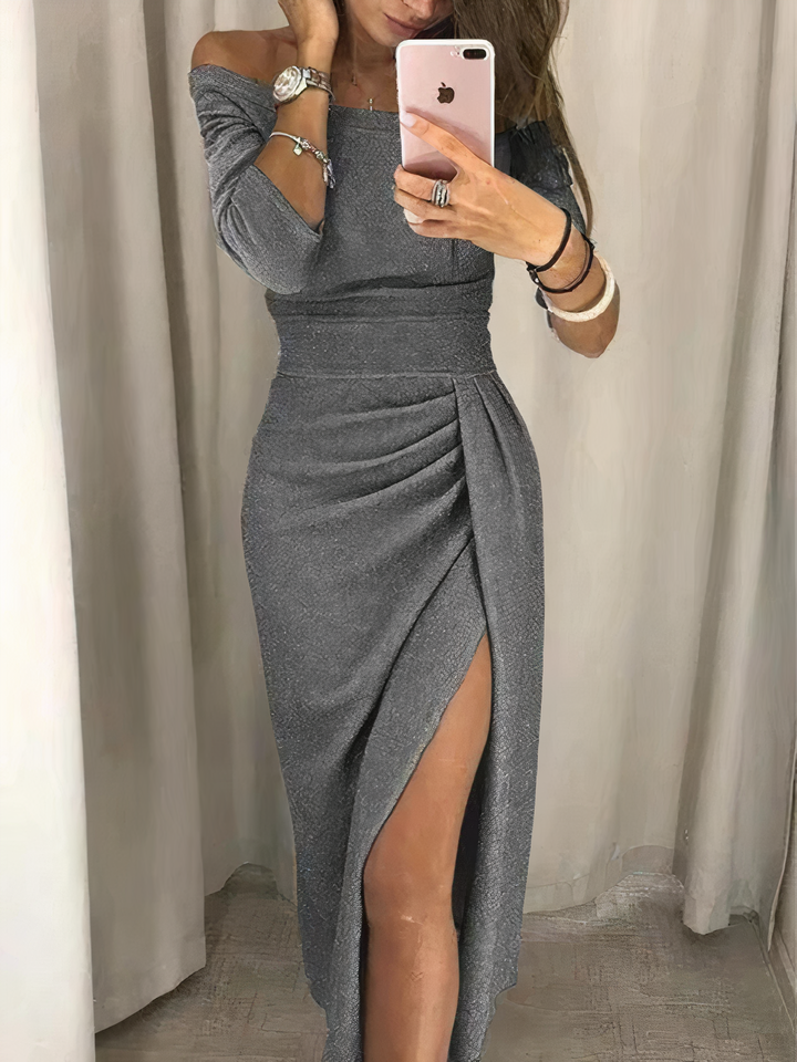 Abito midi da donna elegante, scollo a V e spacco. Perfetto per serate, feste o un look chic da ufficio.