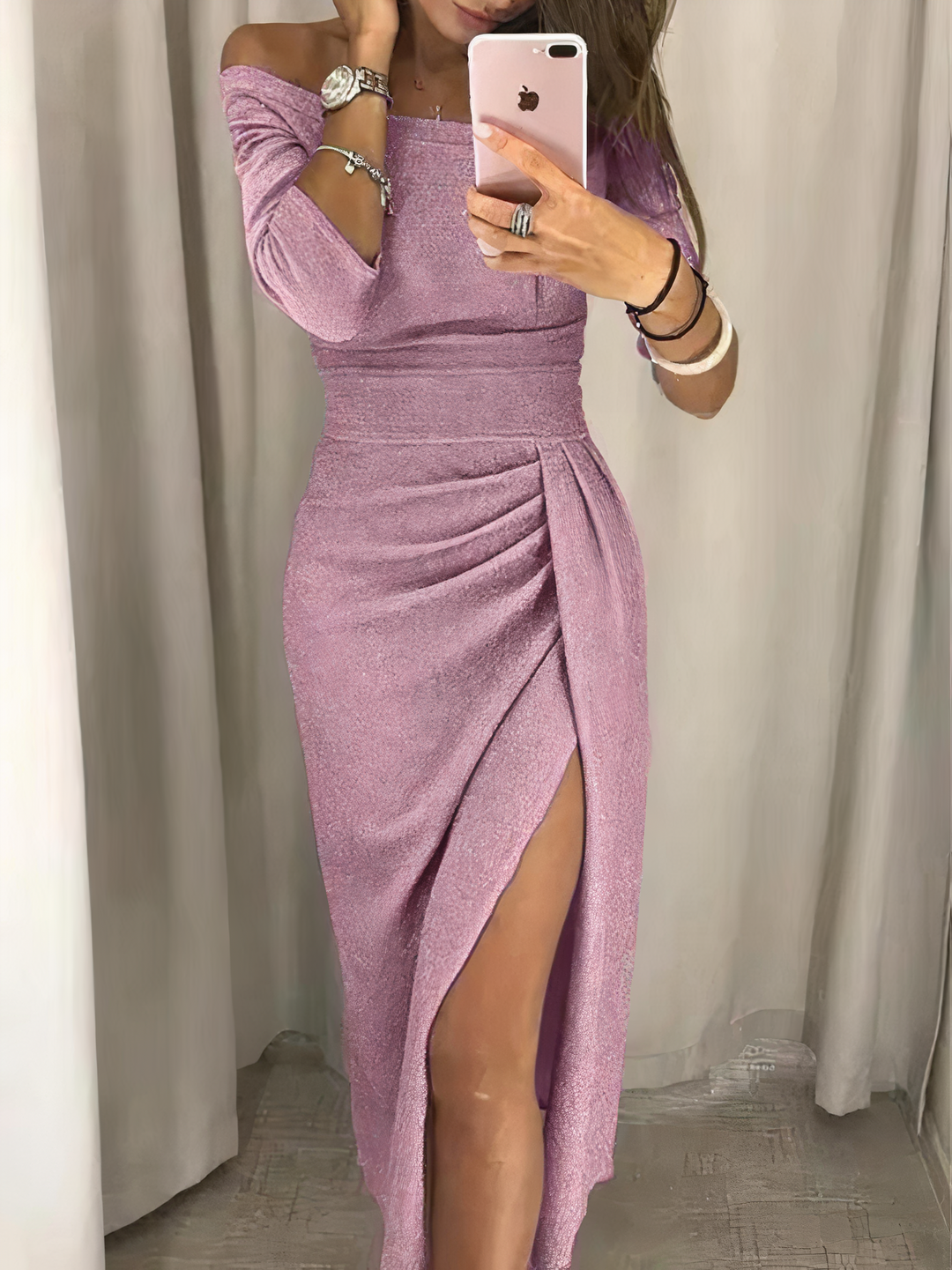 Abito midi donna elegante, spacco laterale e scollo a V. Versatile per primavera, estate o moda autunnale.
