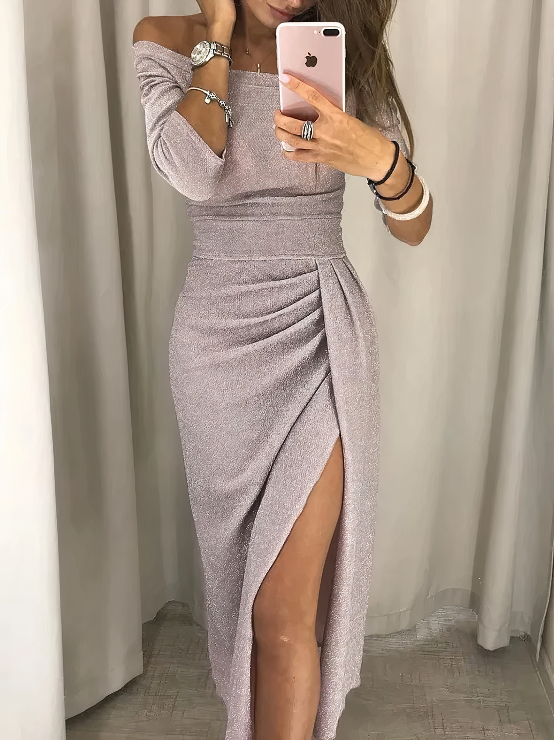 Abito midi donna per eventi speciali, scollo a V e spacco. Eleganza autunnale per feste o serate chic.