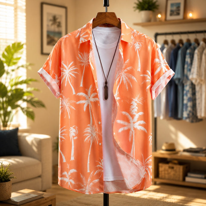 Camicia uomo casual estiva, perfetta per vacanze e mare. Stampa palme tropicali, maniche corte e colletto revers.