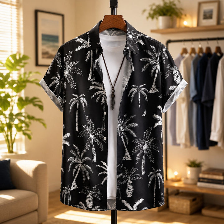Camicia uomo estiva casual a maniche corte con stampa palme tropicali e colletto a revers. Look vacanza e moda mare.