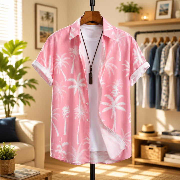 Camicia uomo a maniche corte con stampa palme tropicali. Abbigliamento estivo casual con colletto a revers, per vacanze.