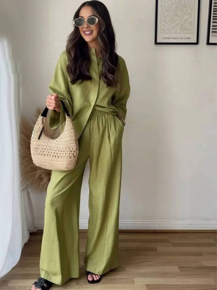 Abbigliamento donna: completo leggero con camicia ampia e pantaloni larghi, per un look estivo elegante e comodo.
