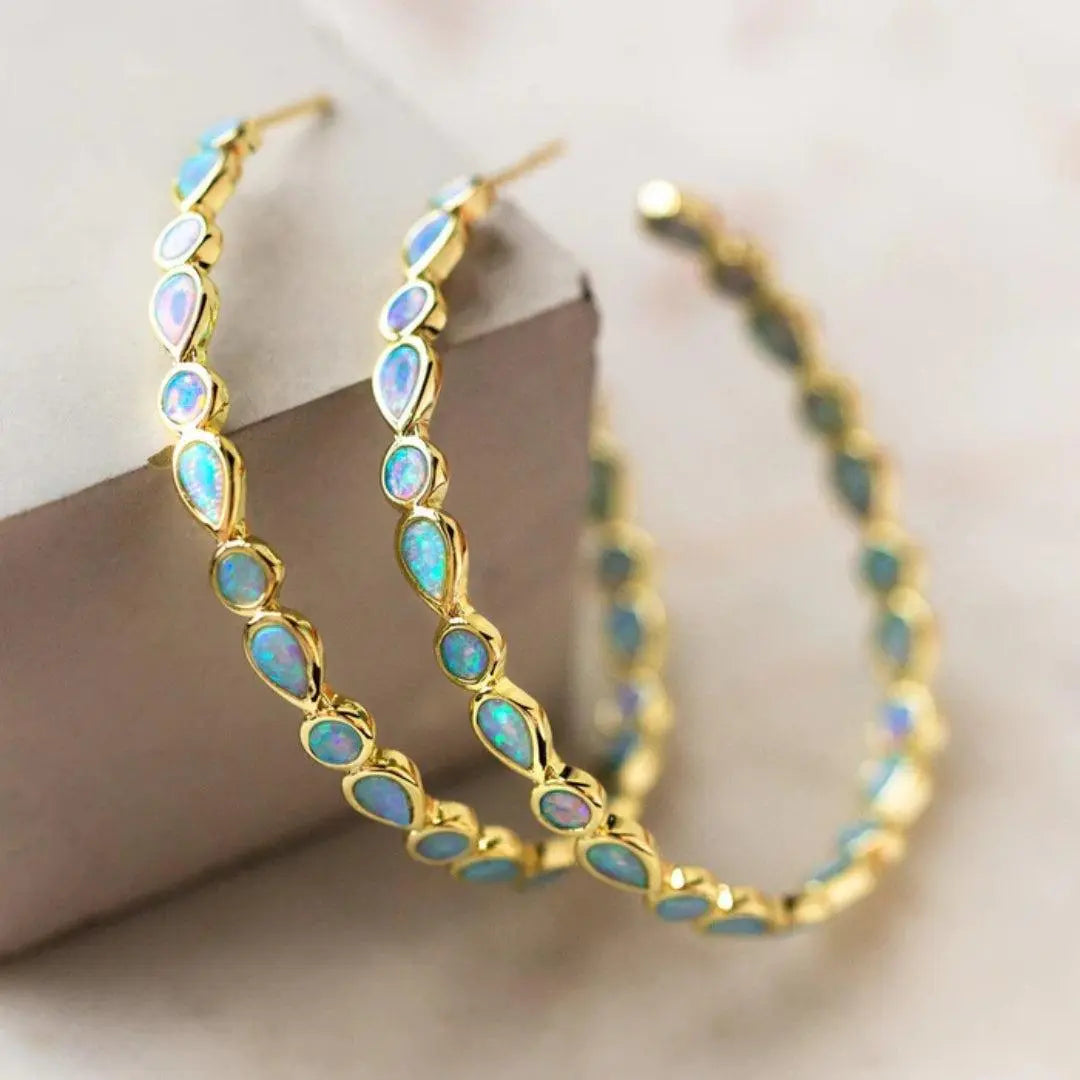 Orecchini donna vintage eleganti con opale blu centrale e finiture in oro, gioielli moda unici