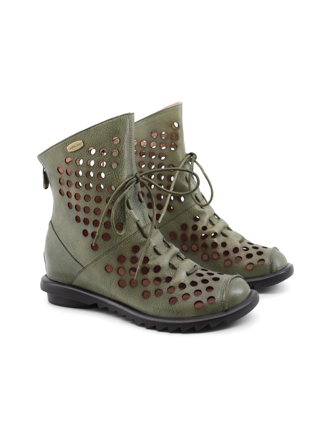 Stivaletti verdi donna in pelle traforata con lacci e zip, tacco 5,5 cm. Scarpe moda eleganti e casual.