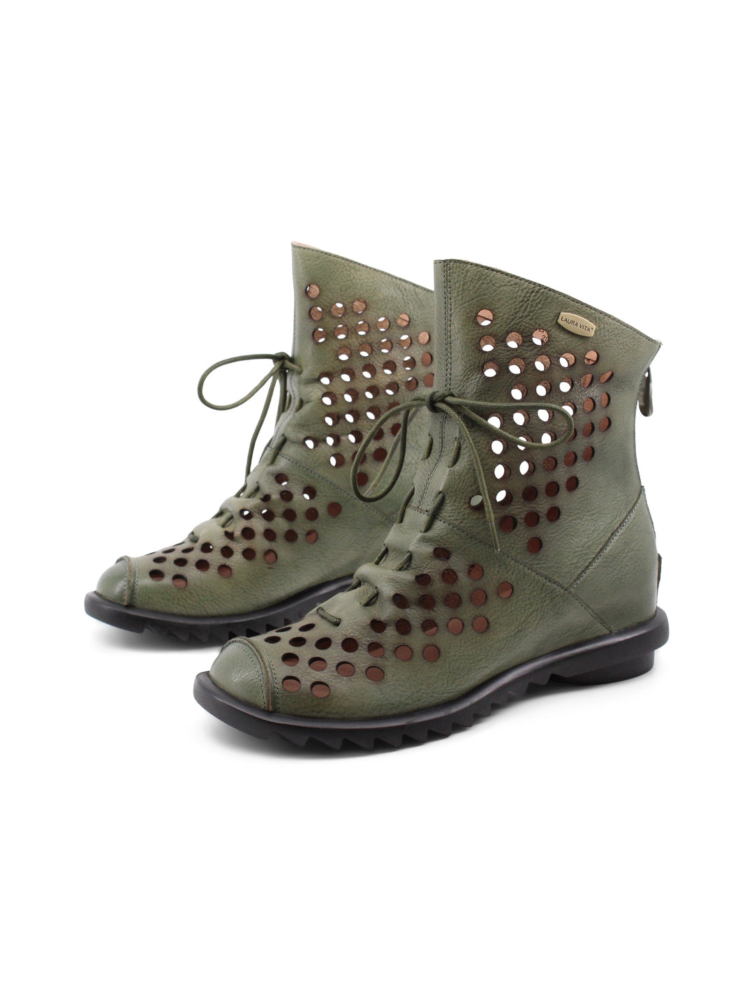 Stivaletti verdi in pelle traforata da donna, con chiusura a lacci e zip, tacco medio 5,5 cm. Scarpe versatili.
