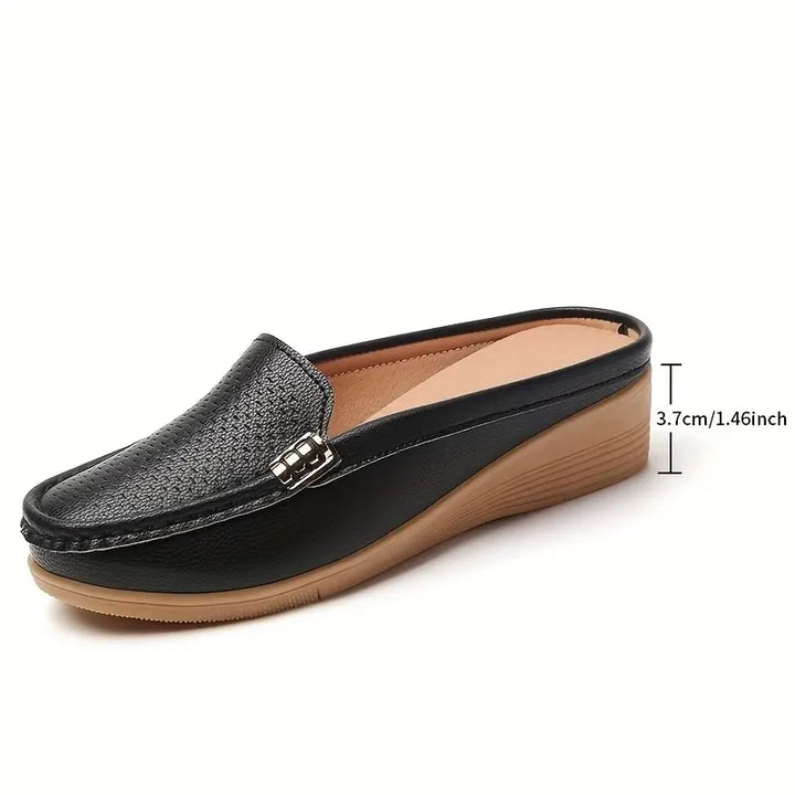 Comode mule anatomiche da donna, ispirazione mocassino, zeppa ammortizzata per il benessere dei piedi.