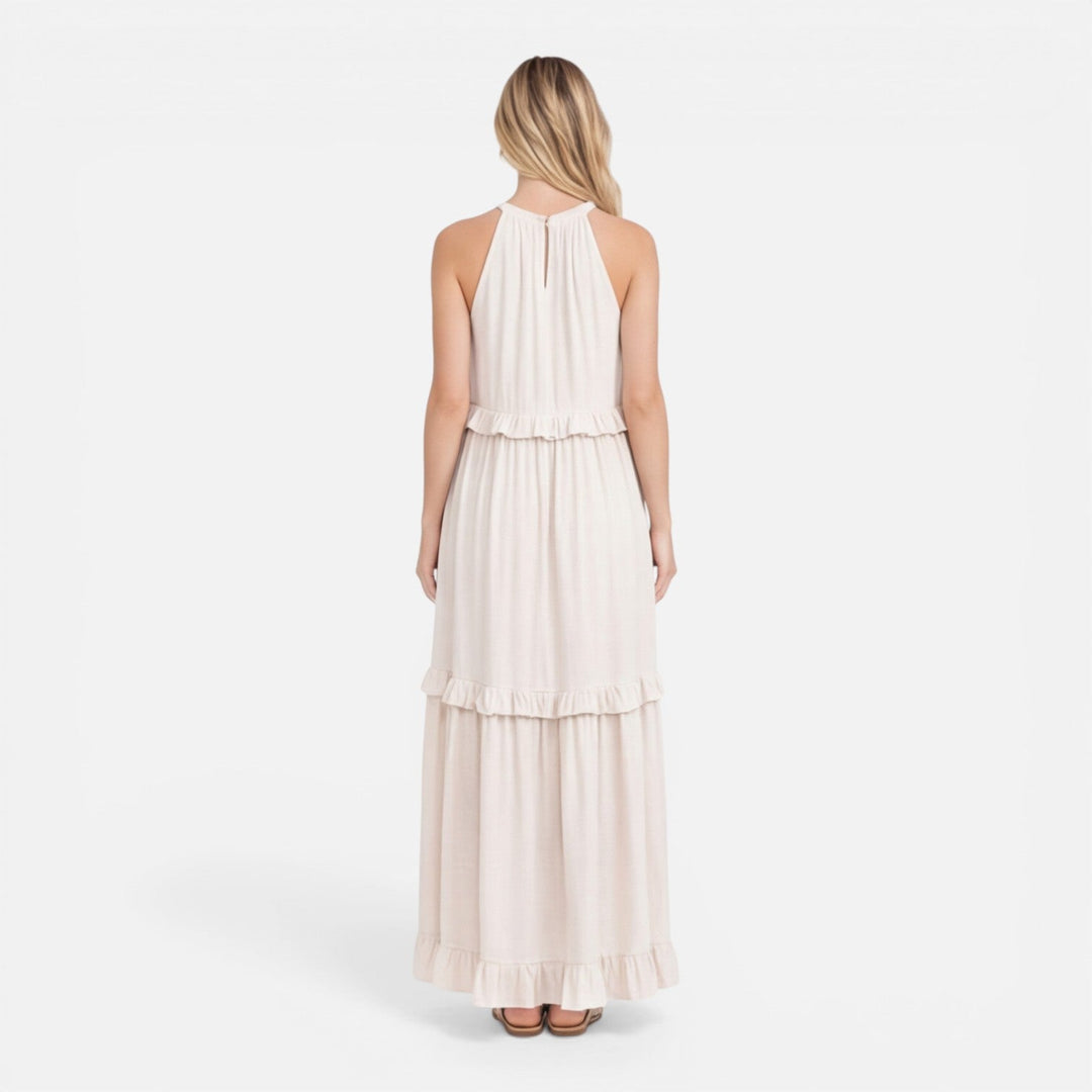 Senza maniche abito maxi estivo per donna, elegante e casual, con balze decorative per un tocco chic.