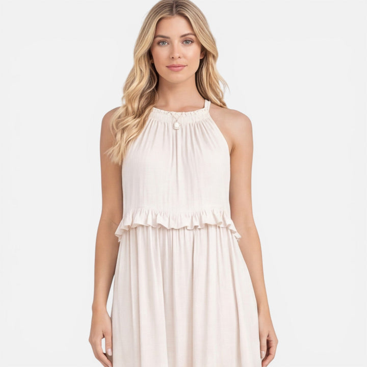 Vestito lungo donna estivo a balze, leggero e fluido, ideale per la moda estiva e serate eleganti.