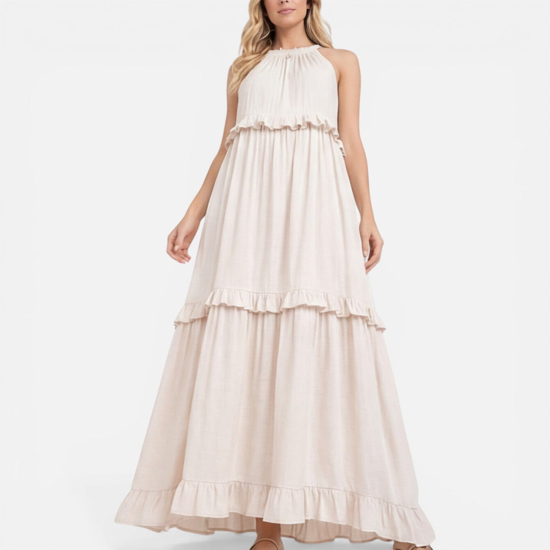 Chic abito maxi donna, estivo e leggero, con balze decorative, ideale per il giorno o la sera.