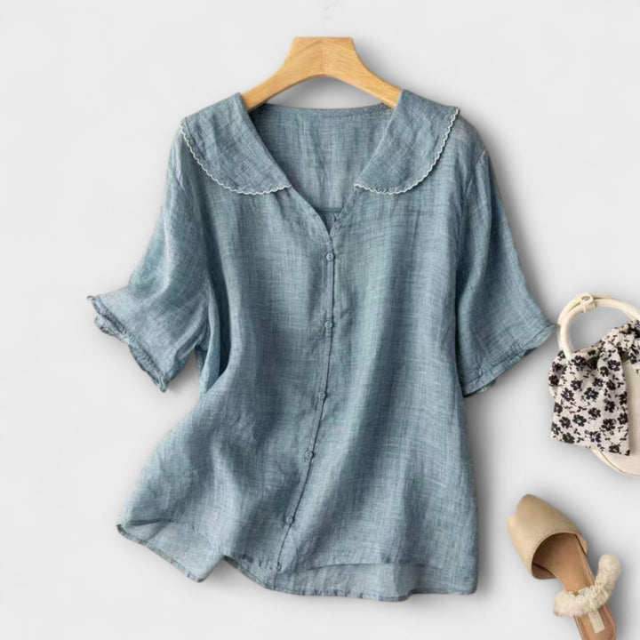 Top donna rosa, versatile camicia con colletto Peter Pan e maniche volant per moda femminile.