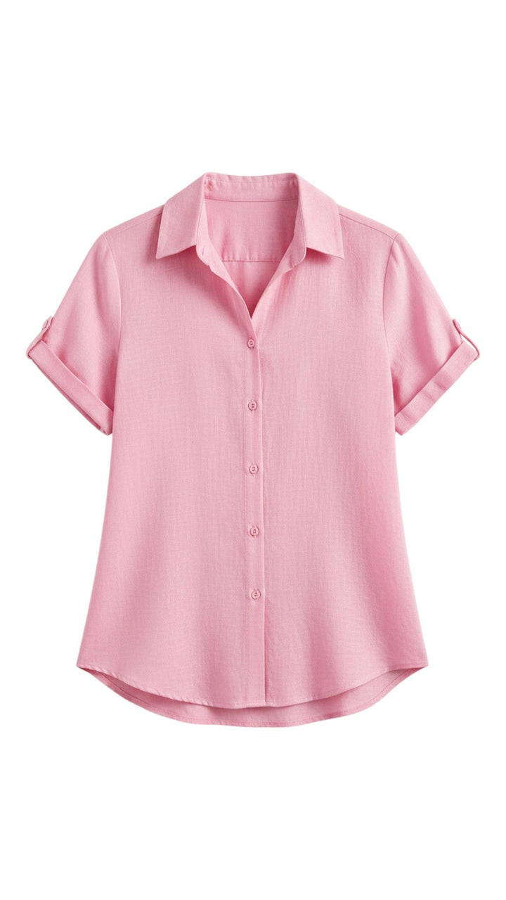 Camicia donna con bottoni, maniche corte, ideale per un abbigliamento estivo versatile e alla moda.