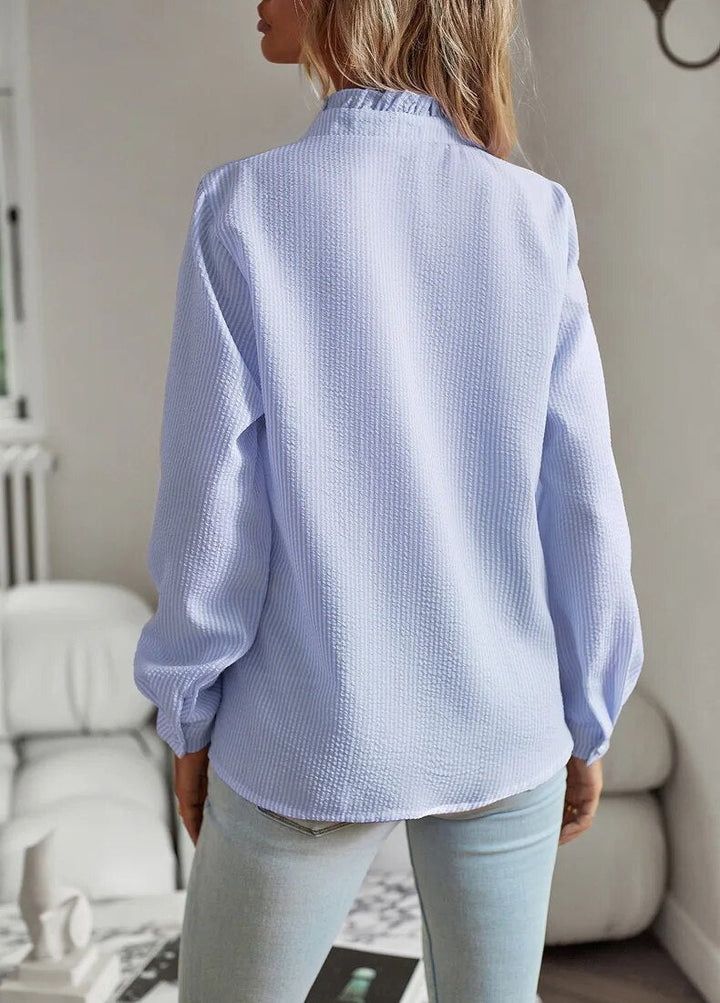 Blusa elegante da donna, con delicate rouches e collo coreana, perfetta per primavera estate.