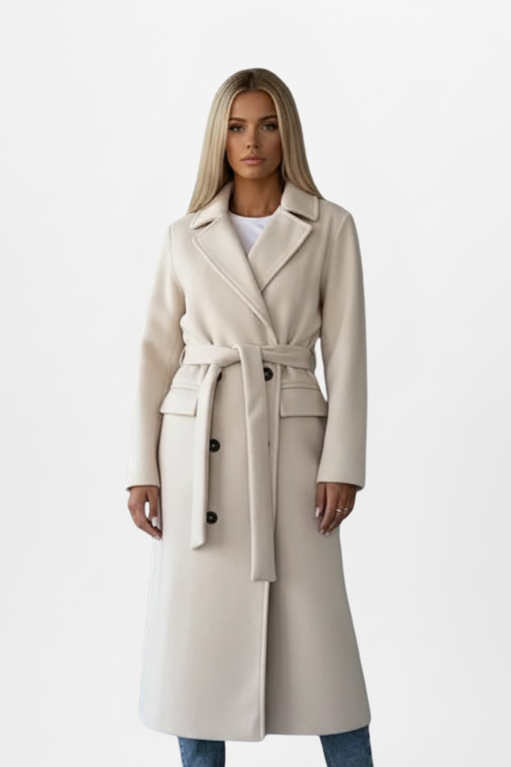 Cappotto lungo doppiopetto da donna, elegante e caldo per autunno/inverno, stile classico.