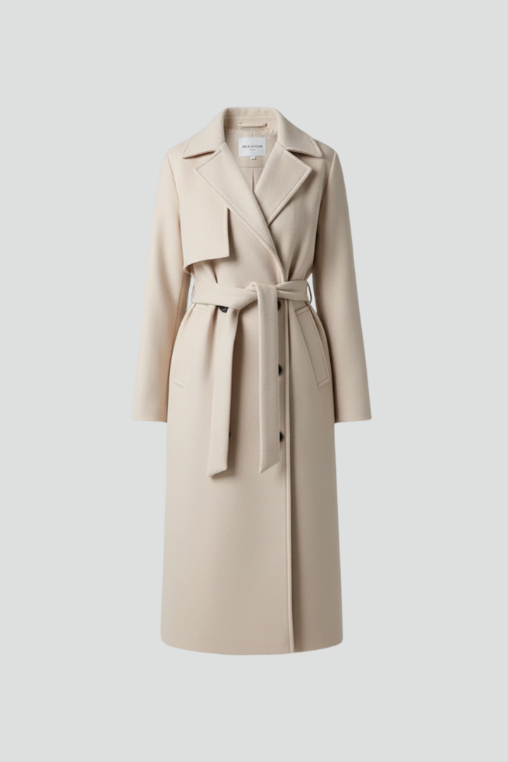 Raffinato cappotto doppiopetto lungo da donna, perfetto per un look elegante e di tendenza in inverno.