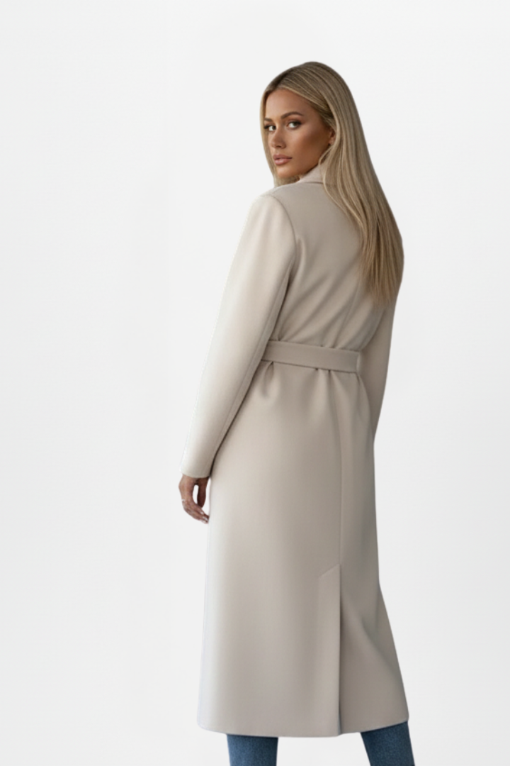 Cappotto da donna lungo e caldo, con design doppiopetto classico per un look femminile ed elegante.