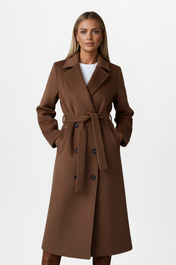 Elegante cappotto lungo da donna doppiopetto, un classico caldo per la moda invernale e autunnale.
