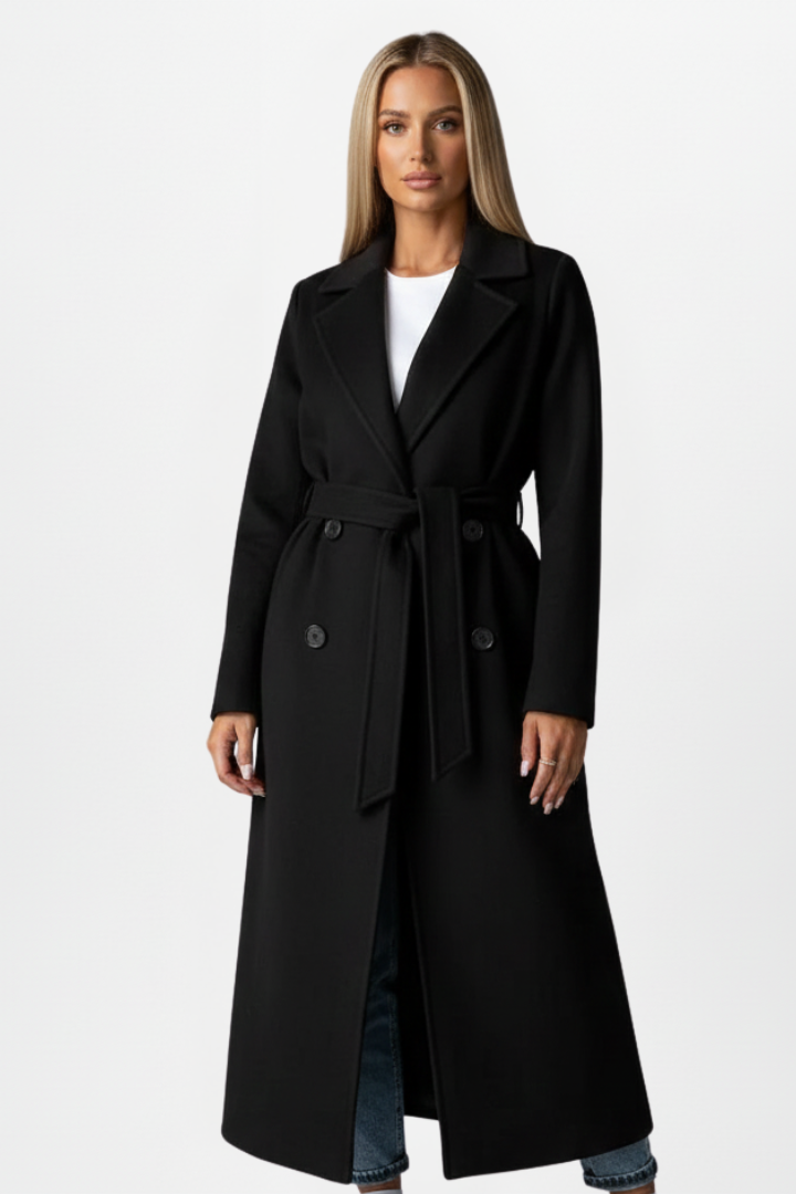 Cappotto lungo doppiopetto da donna, un classico intramontabile che unisce calore ed eleganza per l'inverno.