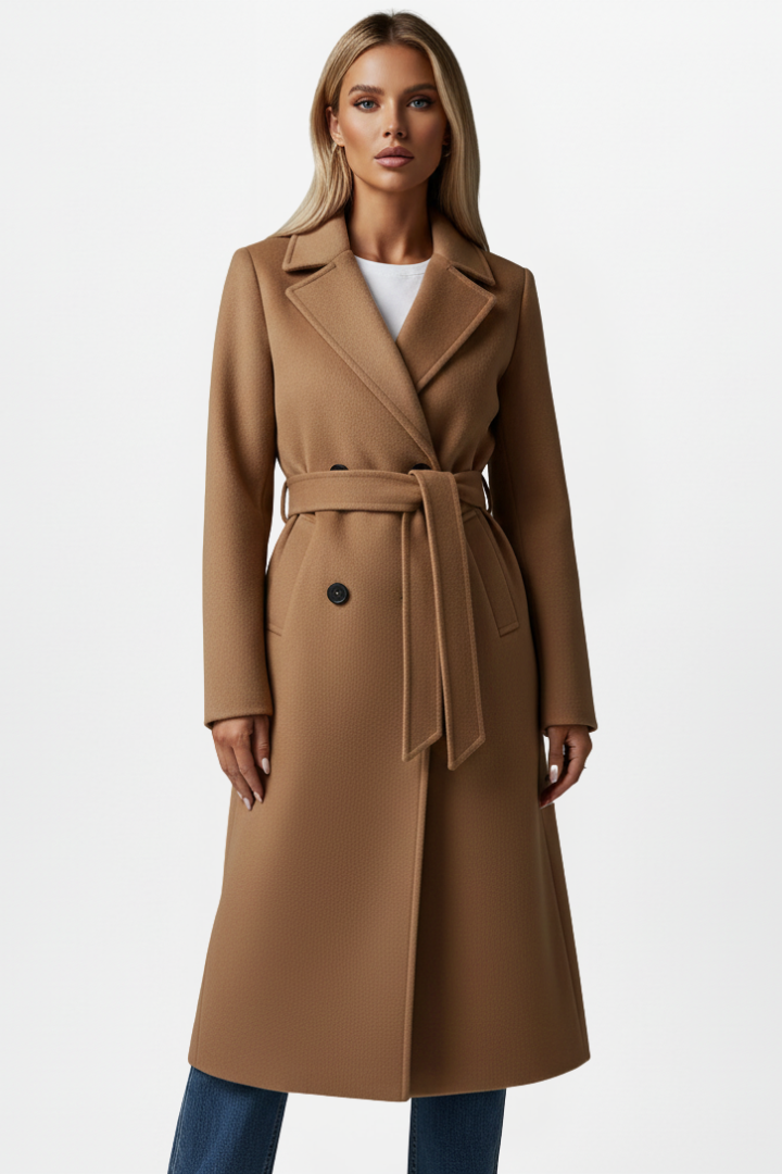 Stiloso cappotto lungo doppiopetto per donna, capo essenziale ed elegante per la moda autunno-inverno.