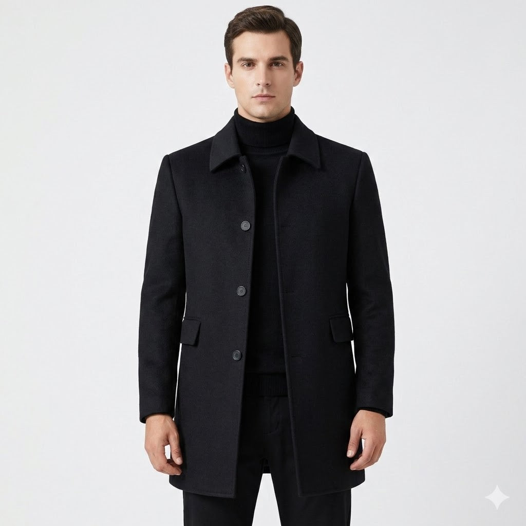 Cappotto uomo classico sartoriale nero, elegante e formale. Perfetto abbigliamento maschile per inverno/autunno.
