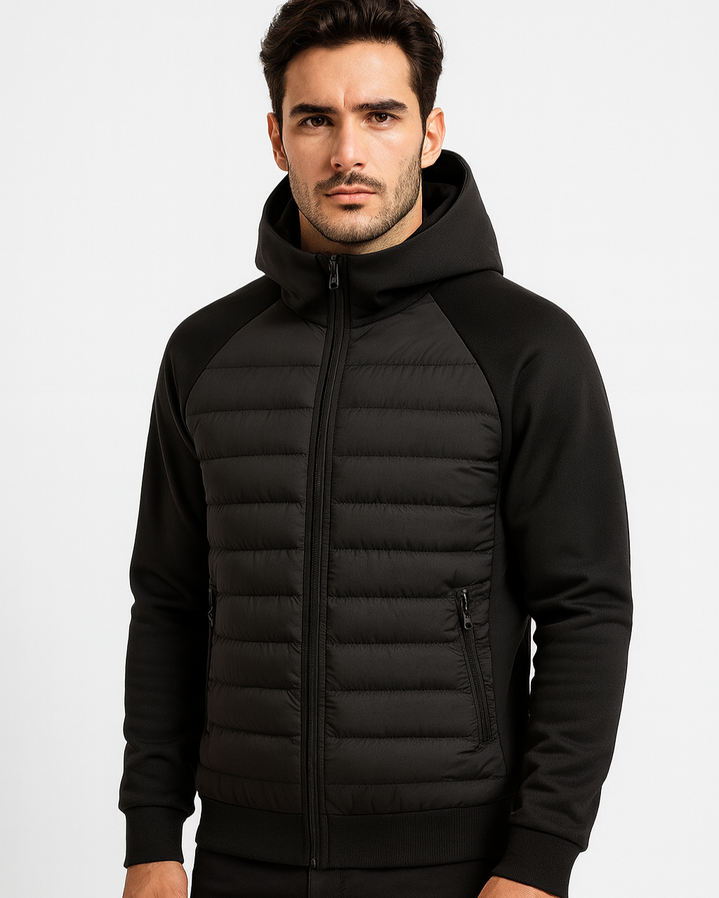 Piumino uomo leggero con cappuccio. Giacca ibrida per autunno inverno, ideale per un outfit casual sportivo.