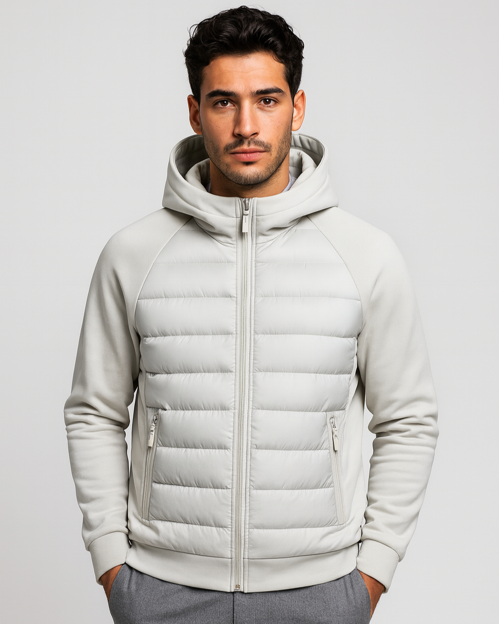 Piumino ibrido leggero da uomo con cappuccio, ideale per autunno inverno e stile casual sportivo.