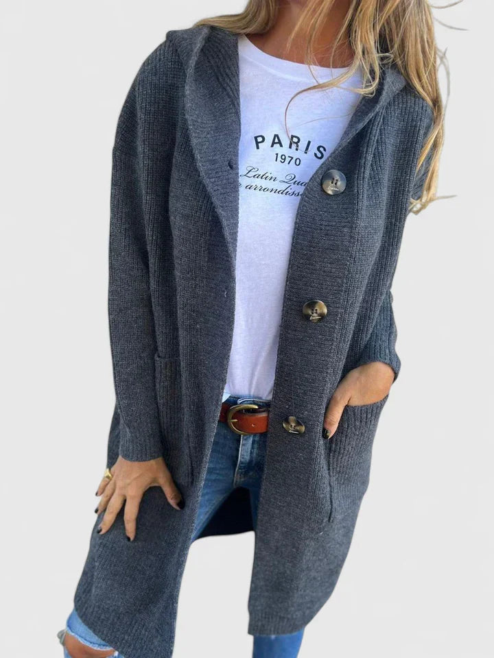 Cardigan donna lungo con cappuccio, design moderno e confortevole per la moda autunnale e versatile.