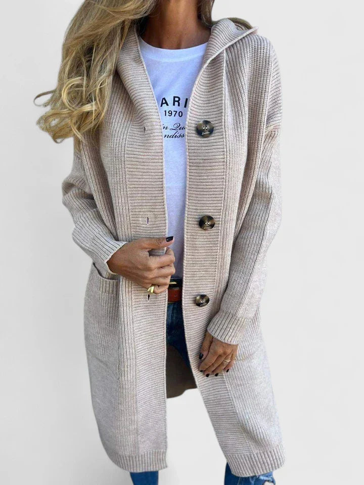 Cardigan donna lungo con cappuccio, stile moderno ed elegante per look casual o chic autunnali.