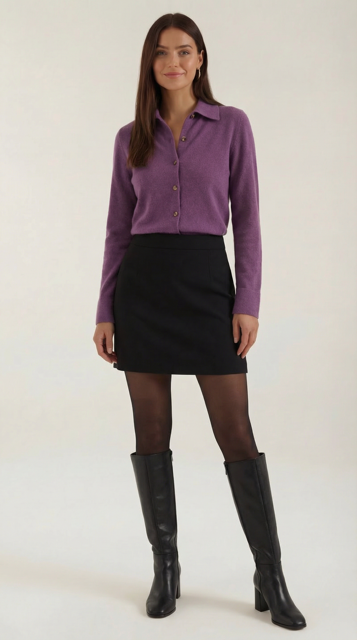 Cardigan donna versatile con colletto, elegante e morbido, perfetto per ogni outfit autunno/inverno.