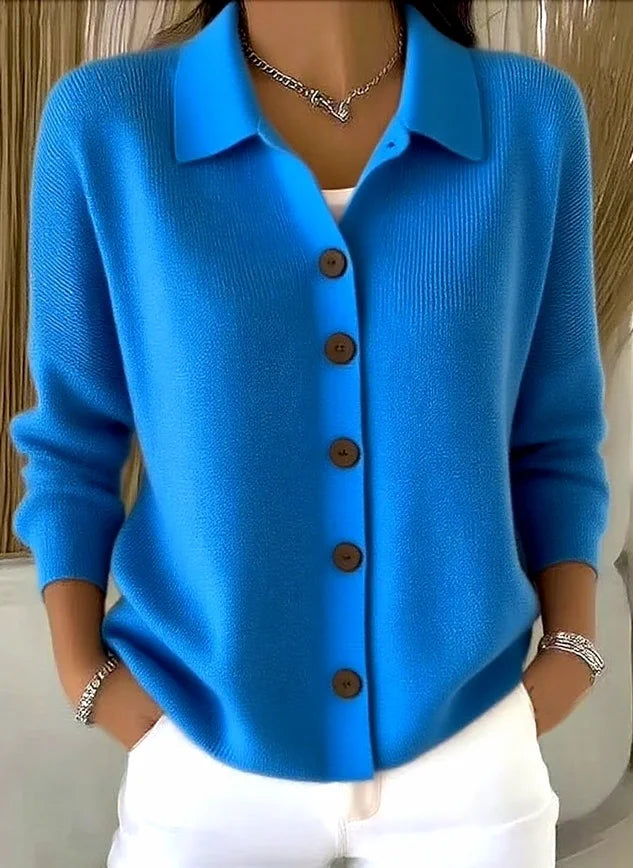 Cardigan donna versatile con colletto polo e chiusura a bottoni. Stile casual ed elegante per l'autunno.