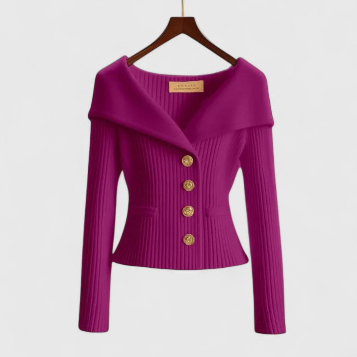 Chic cardigan donna autunnale, sfiancato, con collo ampio, per un tocco di eleganza.
