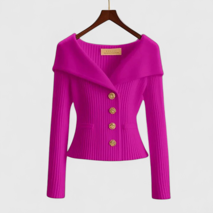 Cardigan sfiancato per donna, elegante e moderno, con ampio collo e design attuale.
