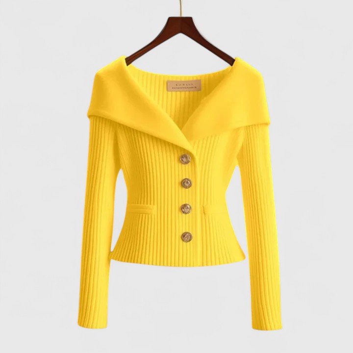 Cardigan donna elegante sfiancato con collo ampio, perfetto per autunno e inverno.