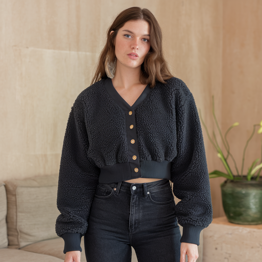 Cardigan donna cropped effetto teddy con bottoni, morbido e chic per autunno/inverno. Maniche voluminose.