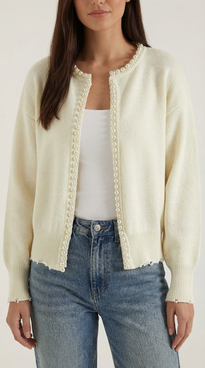 Cardigan nero donna aperto con perle, capo versatile per un look sofisticato o casual chic.