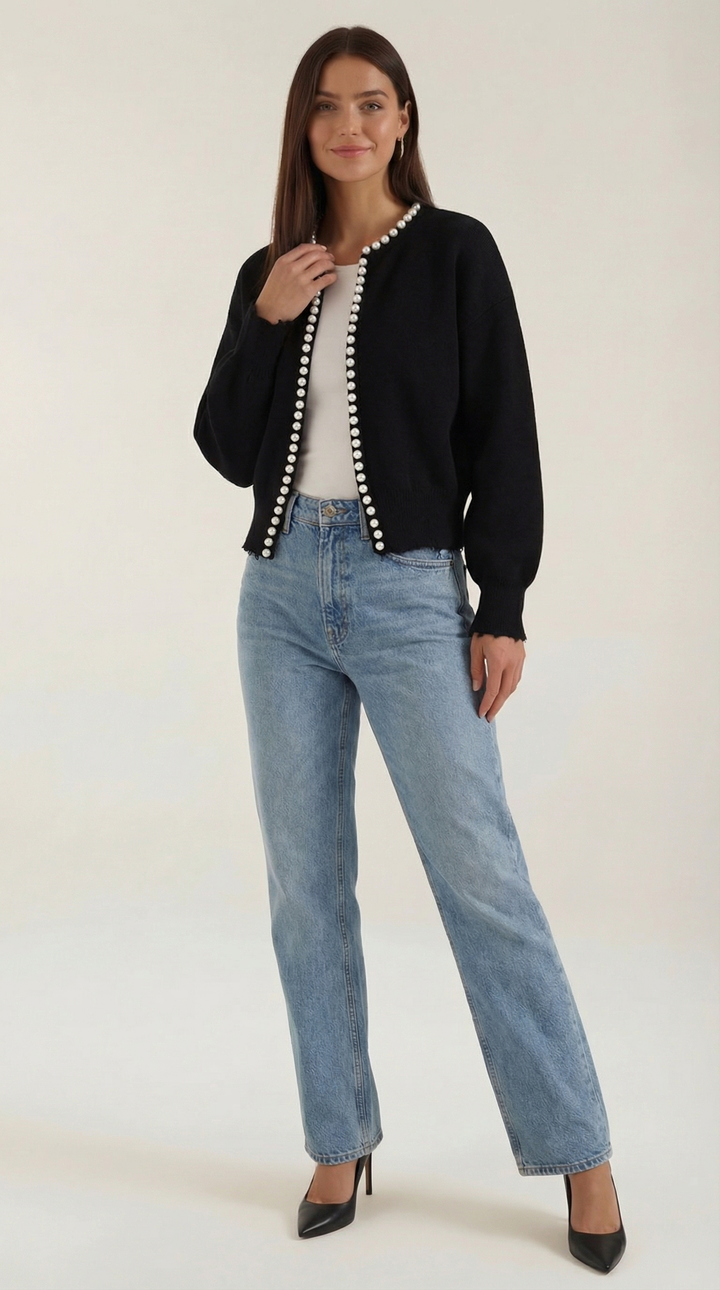 Dettaglio delle perle sul cardigan donna, tocco chic e raffinato per un look sofisticato.