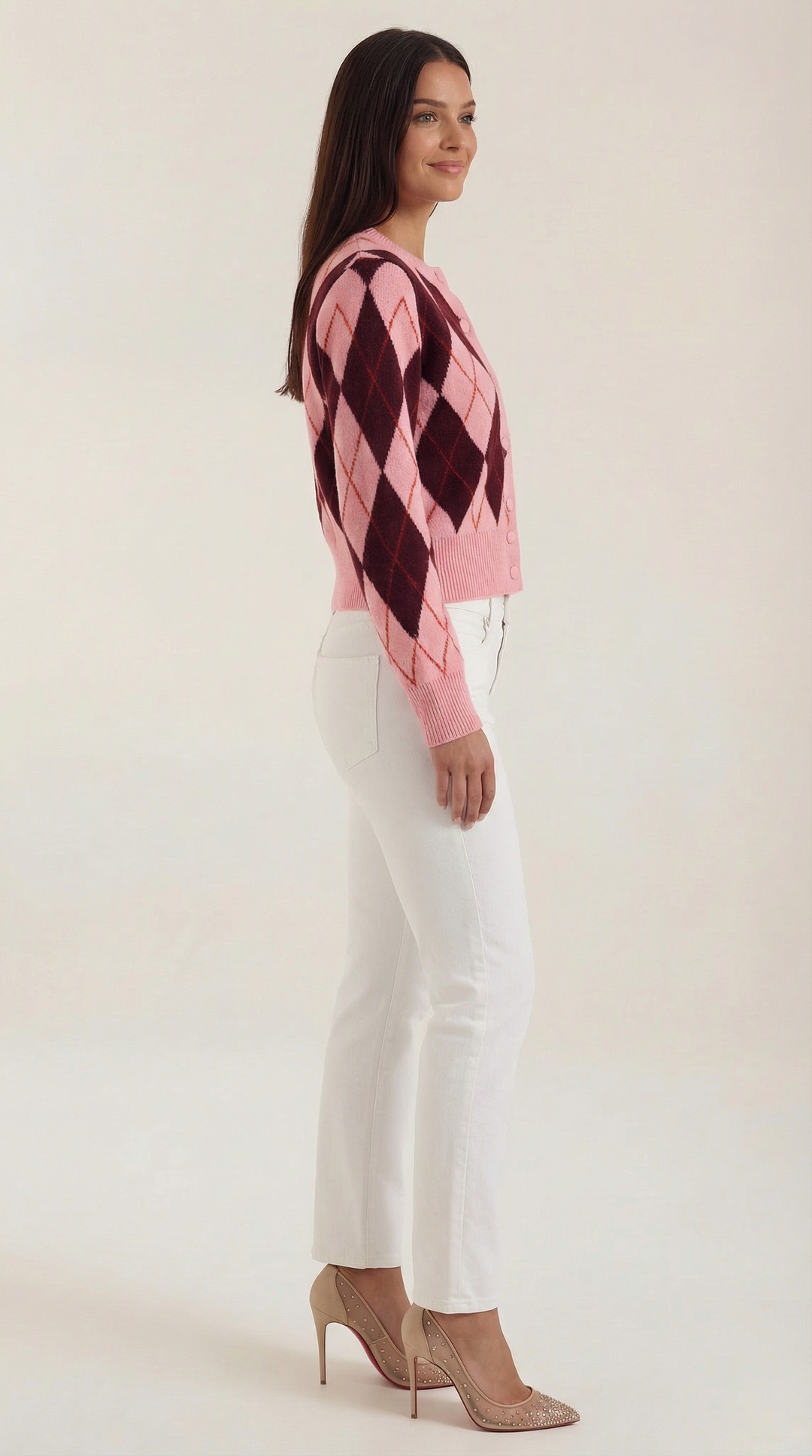 Cardigan donna chic a rombi, bottonato, perfetto per un look elegante e casual autunnale/invernale.