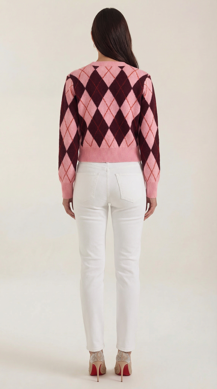 Cardigan elegante da donna, fantasia a rombi argyle, stile vintage con bottoni per la stagione fredda.