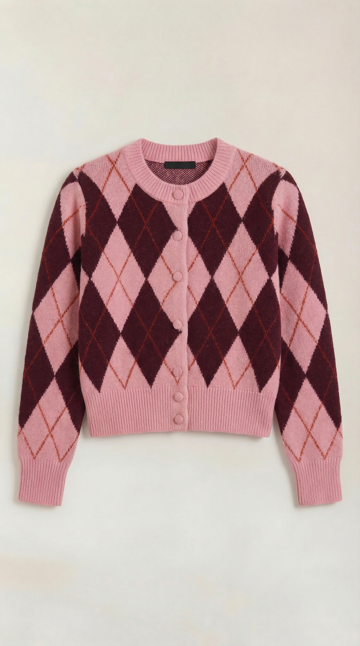 Cardigan donna a rombi, bottonato, look retrò ed elegante, un capo versatile per autunno e inverno.
