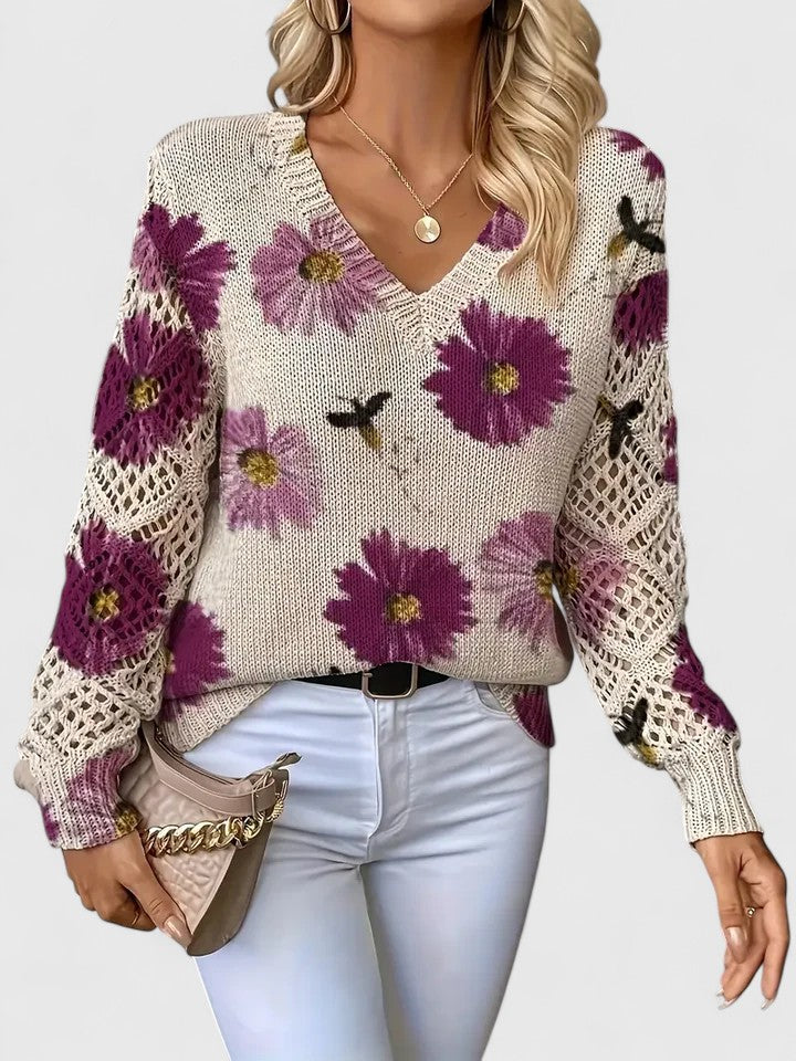 Cardigan donna casual-elegante con fantasia floreale e maniche traforate, per comfort quotidiano.
