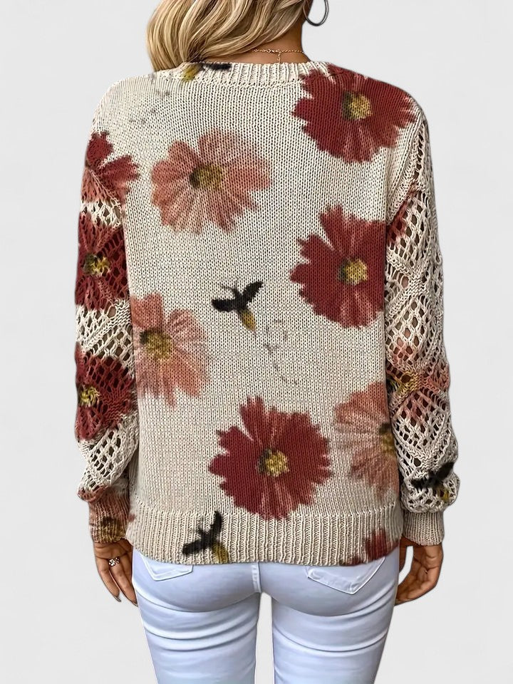 Nuovo arrivo: cardigan donna moda primavera, con fantasia floreale, maniche traforate e scollo a V.