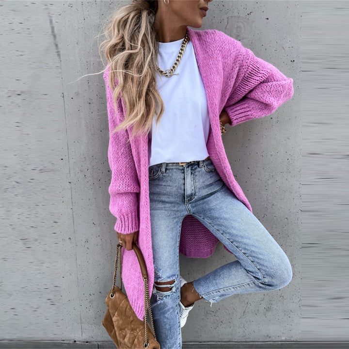 Cardigan lungo da donna, aperto, in maglia fine, versatile e moderno per ogni occasione, autunno inverno.
