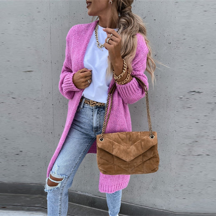 Cardigan lungo da donna aperto in maglia, elegante e confortevole, ideale per autunno inverno.