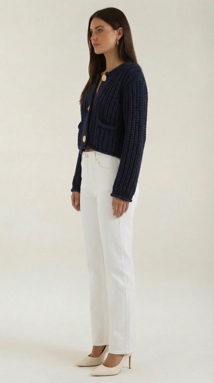 Cardigan donna blu scuro elegante. Maglieria morbida con bottoni gioiello, perfetto per un look casual chic.
