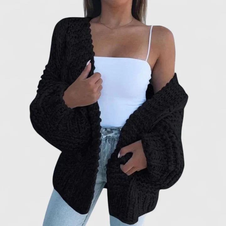 Cardigan donna elegante con maniche a palloncino e fronte aperto, perfetto per l'autunno inverno.