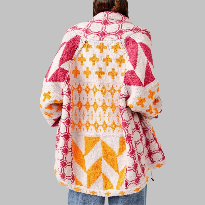 Elegante cardigan oversize donna geometrico, maglieria versatile per autunno/inverno. Caldo e di moda.