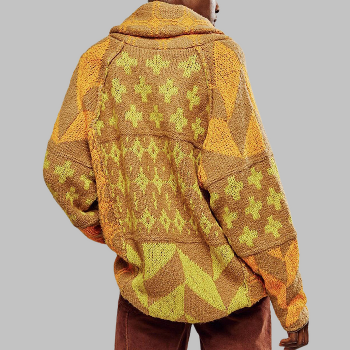 Cardigan donna oversize lavorato a maglia con fantasia geometrica. Caldo e confortevole per l'inverno.