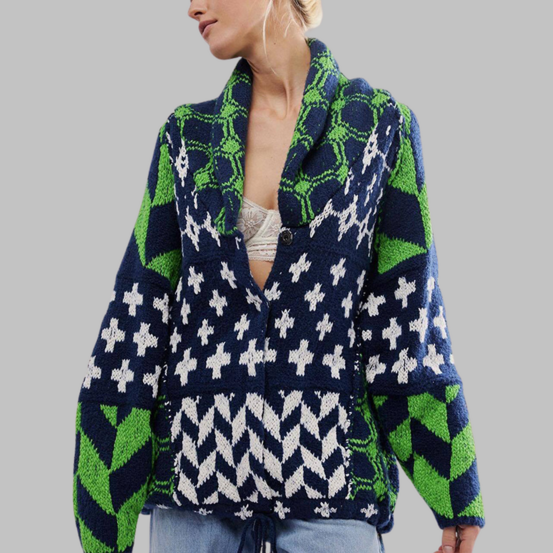 Cardigan oversize donna geometrico, comodo e di tendenza. Maglieria calda per l'autunno-inverno.