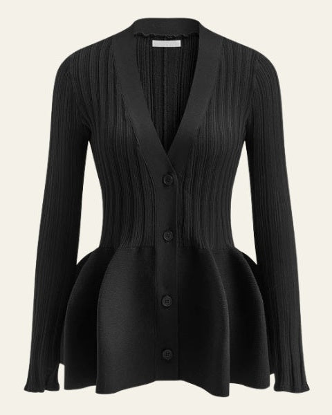 Cardigan slim fit donna con peplo, ideale per outfit ufficio o stile casual. Maglia femminile autunno inverno.
