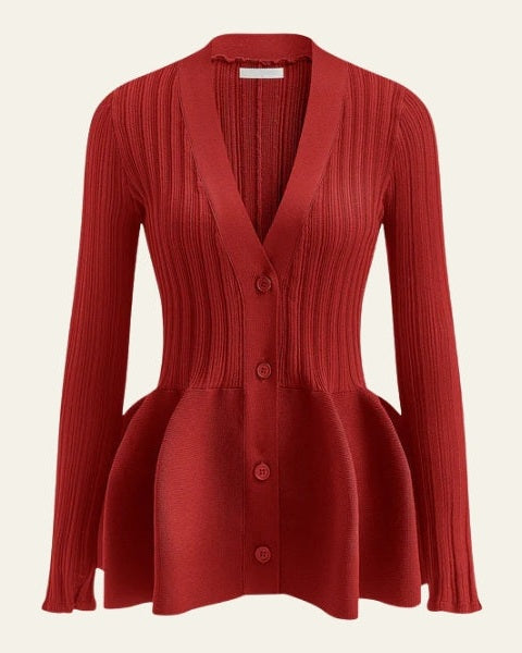 Maglia cardigan donna elegante con peplo, design femminile che valorizza la silhouette. Abbigliamento autunno inverno.